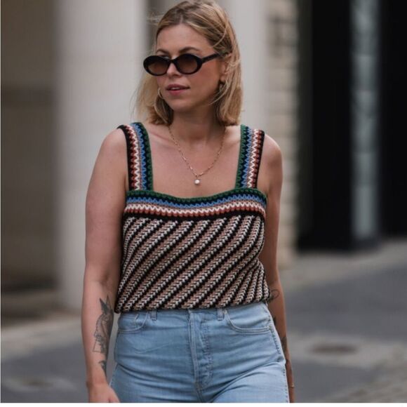 Veronica Beard Livina Woven Knit Sweater Stripe Diagnol Geometric Tank Top XL - Picture 3 of 10